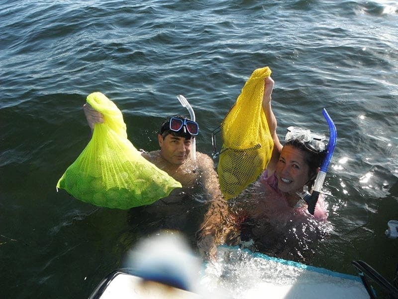 Family snorkeling for bay scallops in Homosassa